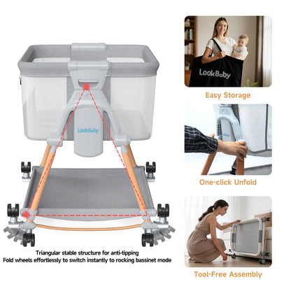 LookBaby Baby Bassinet, 4-in-1 Rocking Bassinet Beside Crib for Baby, One-Click Foldable Bedside Sleeper for Newborn, Travel Bassinet with 5 Heights, Soft Mattress and Hanging Toys for Infant