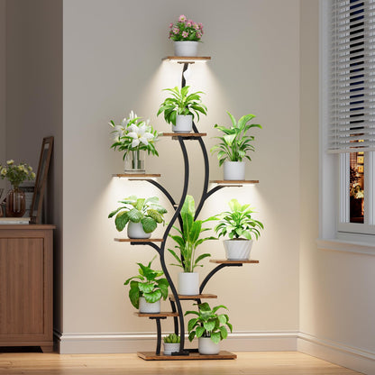 Plant Stand Indoor with Grow Lights - Lighted Plant Shelf Indoor, 64.5" Tall Corner Plant Stands for Indoor Plants, 9 Tiered Tree-Shaped Flower Shelf Metal Holder for Living Room, Bedroom, Black