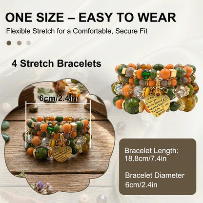 Ysenchan Bohemian Bracelet Set for Women, 4 Pcs Beaded Stackable Bracelets with Heart Charm, Stretch Bracelets, Boho Jewelry Gift – [DarkColor]
