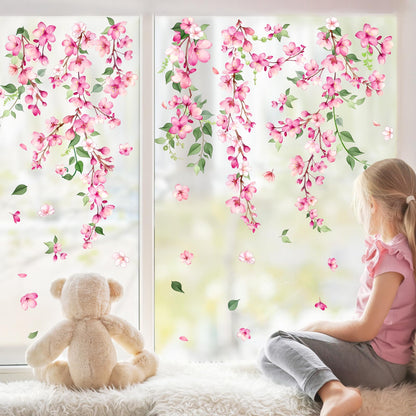 Supzone Spring Cherry Blossom Flowers Window Clings Valentine's Day Pink Hanging Flower Window Decals Anti-Collision Static Stickers for Women Girls Room Decor
