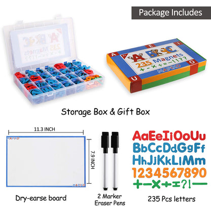 235 Pcs Magnetic Letter Number with Magnet Board, 2 Erasable Magnetic Pen and Storage Box, Foam ABC Alphabet Gift for Refrigerator Fridge, Classroom Toy for Toddler Kid Child Spelling & Learning Game