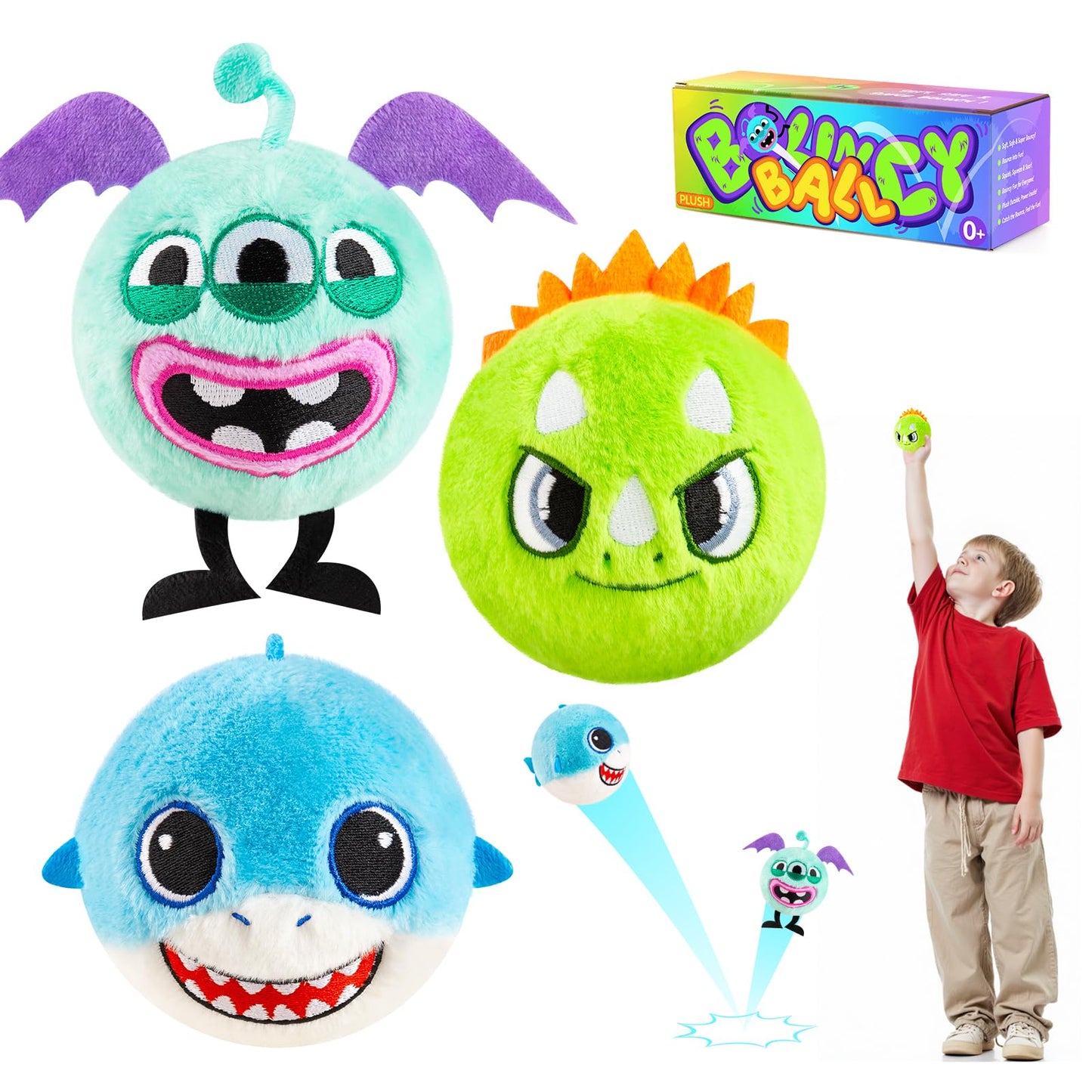 ZOOJOY 3 Pcs Plush Bouncy Balls for Toddlers 1-3, 3-Inch High Bounce Sensory Toys Featuring Dinosaur, Shark & Monster, Soft Game Balls Gift for Boys 6 Months+, Indoor & Outdoor Play