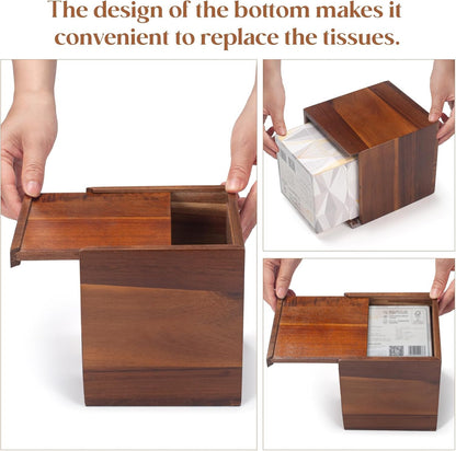 YANGQIHOME Tissue Box Cover Square, Acacia Wood Tissue Holder for Bathroom, Living Room, Dining Table, Decorative Cube Facial Tissue Box Cover, 5.3 x 5.3 x 6.1 inches
