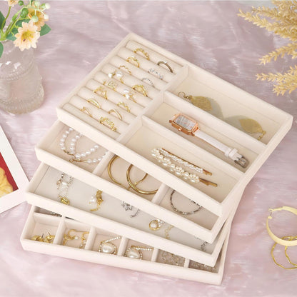 Cirhy Velvet Jewelry Drawer Organizer Trays – Stackable Jewelry Trays for Drawers, Set of 4 Jewelry Organizer for Drawer Inserts, Display Storage Box for Earrings, Rings, Necklaces, Bracelets