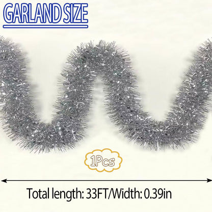 33Ft Christmas Tinsel Garland Shiny Thick Tinsel Xmas Tree Decor Metallic Twist Foil Garland for New Year Parties Birthday Party Thanksgiving Day Parade Floats Indoor Outdoor Supplies - Silver