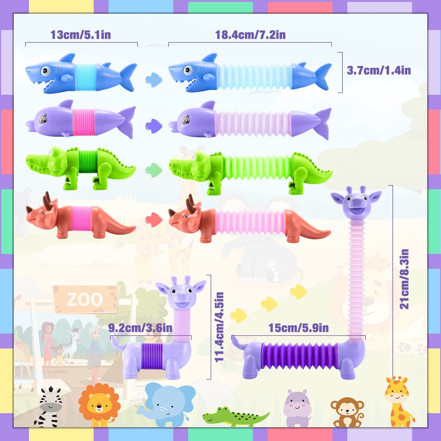 Delighkidz Animals Fidget Toys for Toddlers: 6 Pack LED Animal Pop Tubes for Kids 3 4 5 6 7 8 Year Old Girls Boys Toddler Birthday Gifts Autism Sensory Toy for Grandkids Age 3-8 Tube