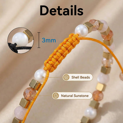 BEADSENER Sunstone Feldspar Adjustable Charming Bracelet for Women, 3mm Natural Shell Gemstone Hematite Stone Beads, Pull String Slider Metal Free Design Waterproof, Gift for Her Daily Wear