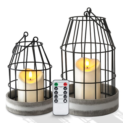 Homemory Rustic Farmhouse Lantern Decor with Flameless Candle & Remote Timer, 2PCS Stylish Metal Candle Holder Home Decorations for Fireplace Mantle Kitchen Dining Table Living Room