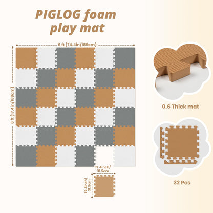 36Pcs Baby Play Mat for Floor, Foam Floor Tiles for Kids with Interlocking, Squares Foam Puzzle Carpet for Playroom,Crawling Rug for Babies 6-12 Months,Toddlers,11.8*11.8*0.6In Each,Grey White Brown