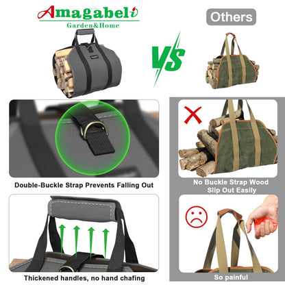 Amagabeli Firewood Carrier Waxed Canvas Log Tote Carrying Bag Heavy Duty Fire Large Wood Fireplace Carrier Bag with Handles for Camping Firewood Log Holder Wood Sling Cabin Stove Accessories Grey