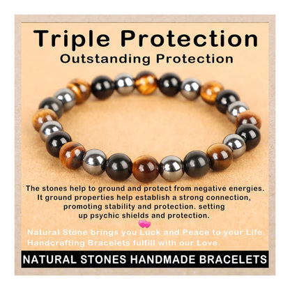 AD Beads Handmade Gemstone Stretch Elastic Bracelet Crystal Healing Reiki Nature's Beauty and Spiritual Essence Unisex (6mm, Triple Protection (Strong Protect))