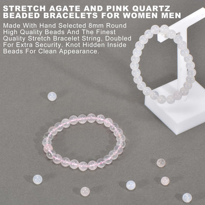 Aluckiss 8mm 2PCS Agate Bracelet for Women Men Natural Round Beaded Agates Stone Healing Stretch Bracelets Elastic Handmade Polished Gemstone Beads Bracelet White+Pink Quartz 2 Colors
