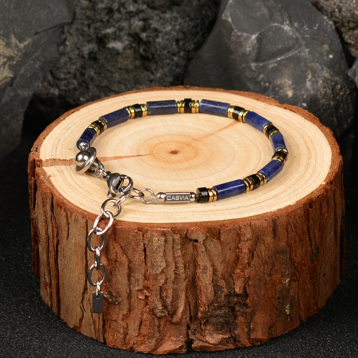 Casvia Men's Indigo Blue Stone Beaded Bracelet, Obsidian & Hematite, Stainless Steel Dual-Clasp, Adjustable, Durable Daily Wear, Azure Veil, Ideal Gift for Men Dad Boyfriend Son