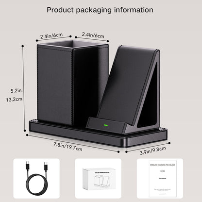 Multi-Functional Pen Holder for Desk,Black Vegan Leather Desk Organizers with Remote Control Holder,Pencil Holder for Desk,Desk Organizer with Phone Wireless Charger for Office/Nightstand/Endtable