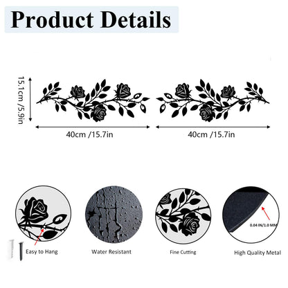 DUOOLN 2 Pcs Metal Rose Tree Leaf Wall Decor, Long Iron Scroll Vine Wall Art, Rustic Hanging Sign Flowers Sculpture, For Above Door Living Room Office Indoor And Outdoor Decoration - Black