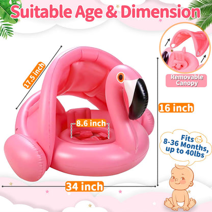 Flamingo Baby Pool Float with Canopy UPF 50+,Toddler Pool Float with Removable & Adjustable Sunshade,Inflatable Baby Swim Float with Back Holder for 8-36 Months Girls Boys Summer Essentials