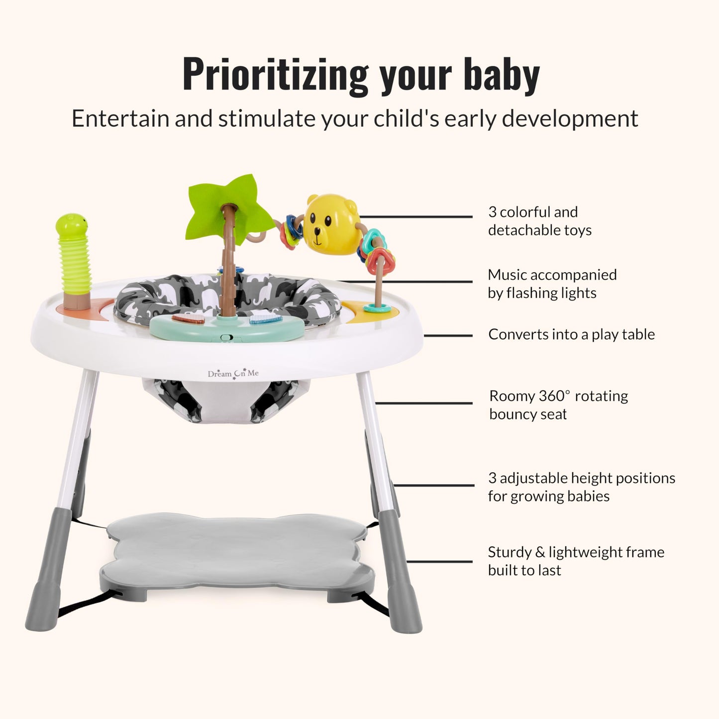Dream On Me Curio Sit N Seek Baby Activity Center in Grey, 2 in 1 Activity Center and Play Table with 3 Detachable Toys and Music, 3 Level Height Adjustable Positions Activity Center for Baby