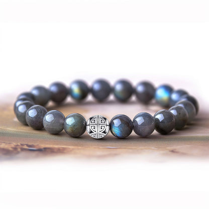 MetJakt Healing Crystals Beaded Bracelets for Womens Natural Gemstone 8mm Beads Stretch Bracelets with 925 Sterling Silver Double Happiness Pendant (Labradorite AAA)