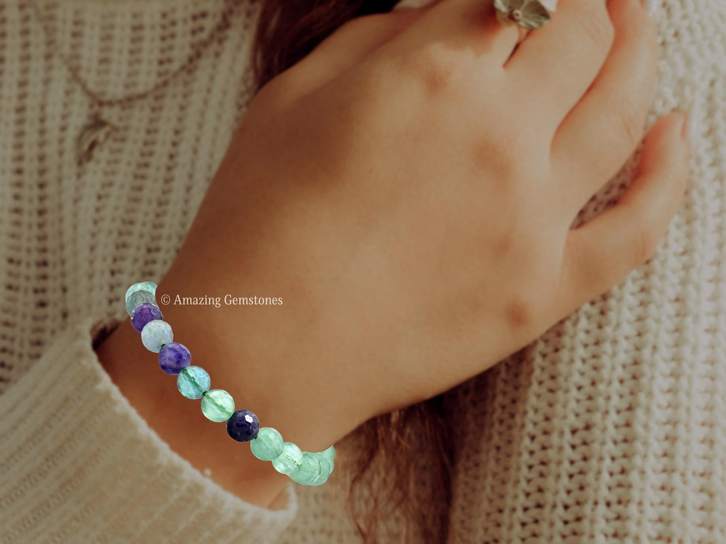 Amazing Gemstone Multi Fluorite Bracelet for Women - Chakra Mens Bracelet Protection Crystals&Healing Stones - Blessing Bracelet Spiritual Meditation Gift (Faceted Beaded Bracelet)