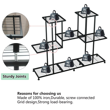 Twhep Metal Plant Stand, 5 Tiers Multifunctional Plant Stands for Indoor Plants, Decorative Black Steel Plant Shelf for Indoor Patio Garden Balcony and Yard (4 tiers 12 pots)