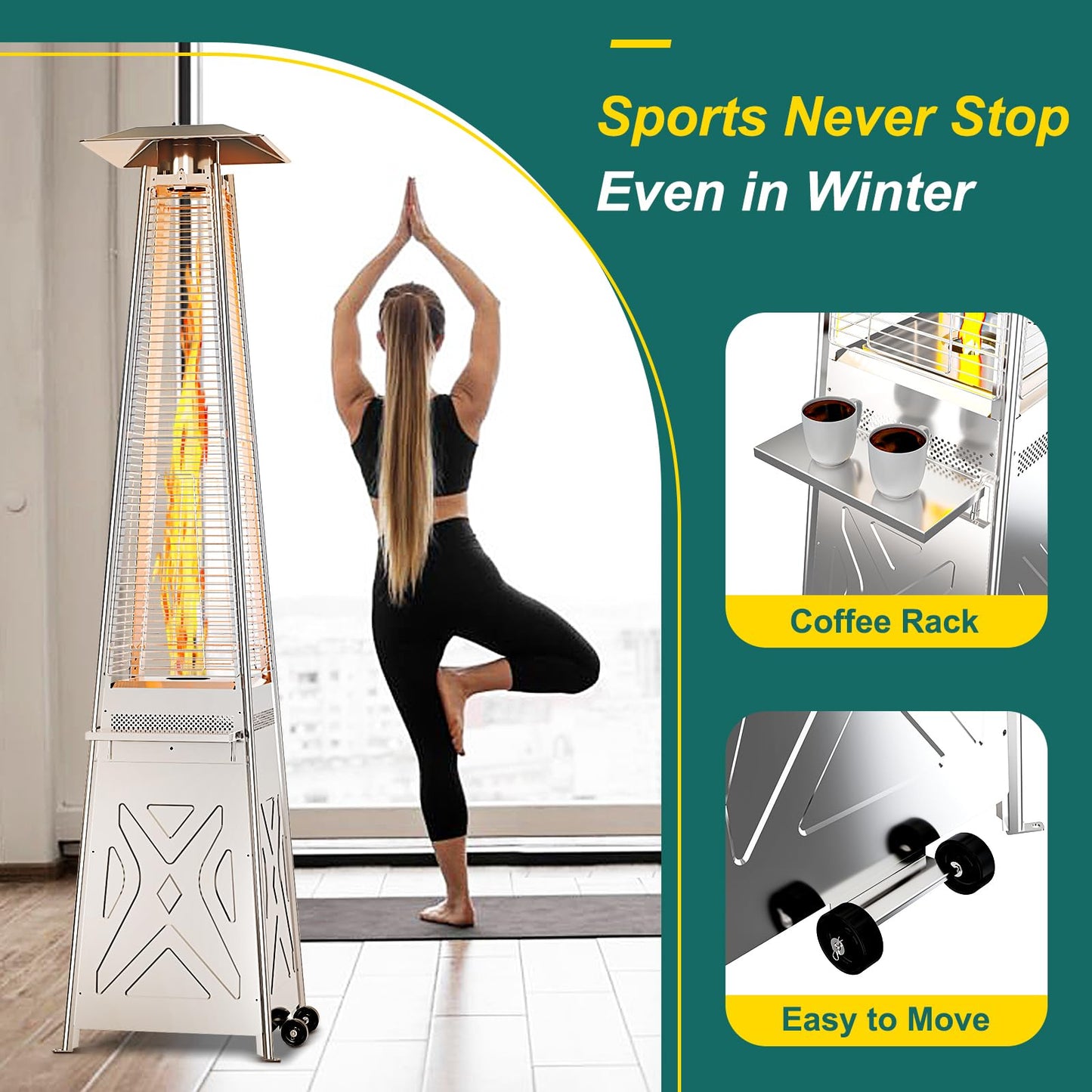 GarveeLife 42,000 BTU Pyramid Patio Heater, Glass Tube Propane Patio Heater with Wheels, Stainless Steel Outdoor Propane Heaters for Backyard, Garden, Patio, Porch and Pool