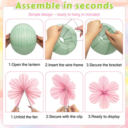 Spring Hanging Decorations - 20Pcs Pastel Party Decorations | Paper Lanterns & Flower Fans Set with Glitter Garland for Pastel Classroom Decor, Office, Baby Shower, Wedding & Easter Wall Decor