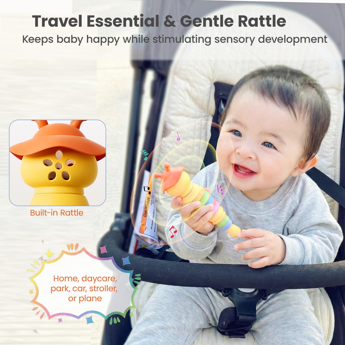 Wishbird Baby Teething Toy, Caterpillar Silicone Baby Teether Rattle Toys, BPA-Free Sensory Development & Color Recognition Learning for 0 6 10 12 18 Babies Toddler Teething Relief LC1