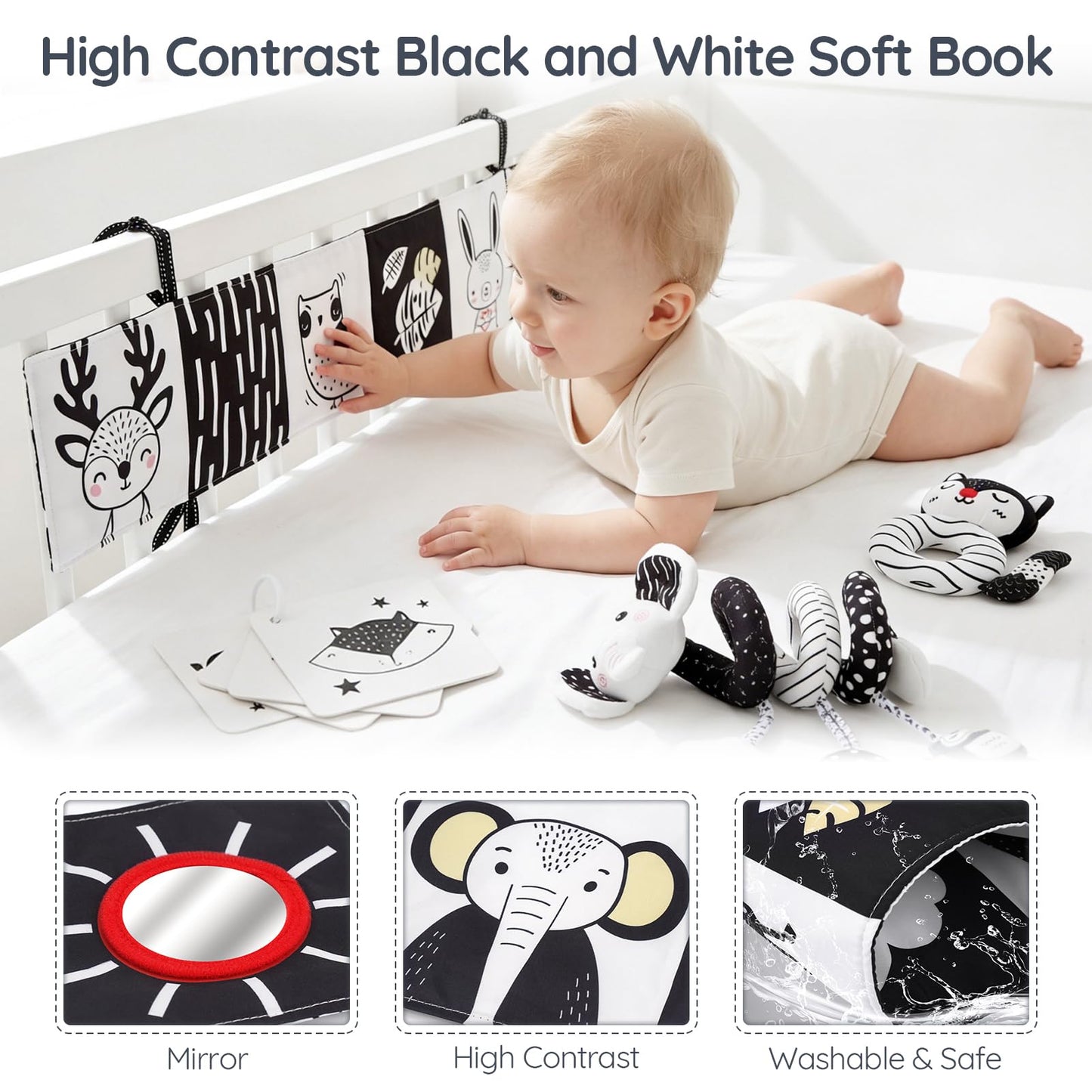 Joyreal High Contrast Baby Toys for Newborn, Black and White Baby Sensory Toys with Car Seat Toys,Infant Toys with Black White Cards Book, Montessori Toys for Baby Gifts (Elephant Theme)