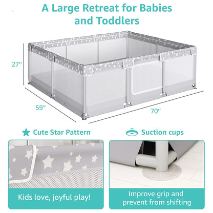 Large Baby Playpen for Babies and Toddlers - 70x59in Giant Play Pen for Babies 6-12 Months Big Play Yard for Toddlers 1-3 Play Pens for Toddler Indoors Playyard Fence Pin Corrales para Bebes Grey-s