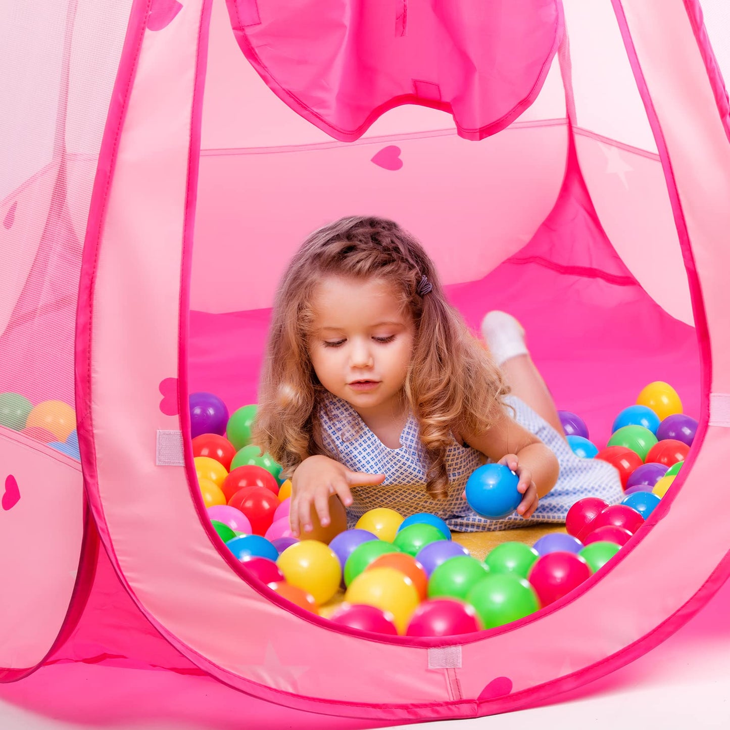 DISHIO Ball Pits with 50 Balls, Pop up Tents for Kids with Star Lights, Ball Pit for Toddlers, Princess Tent Toy for 1,2,3 yrs Birthday Gifts for Girls, Easy to Assemble and Store (50 Balls Included)