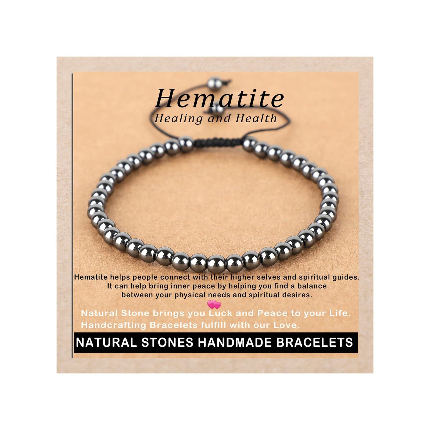 AD Beads 4mm Hematite - Healing and Health - Handmade Natural Stone Crystal Bracelet with Adjustable Macrame String - Yoga Healing Power Energy Gifts for Men and Women