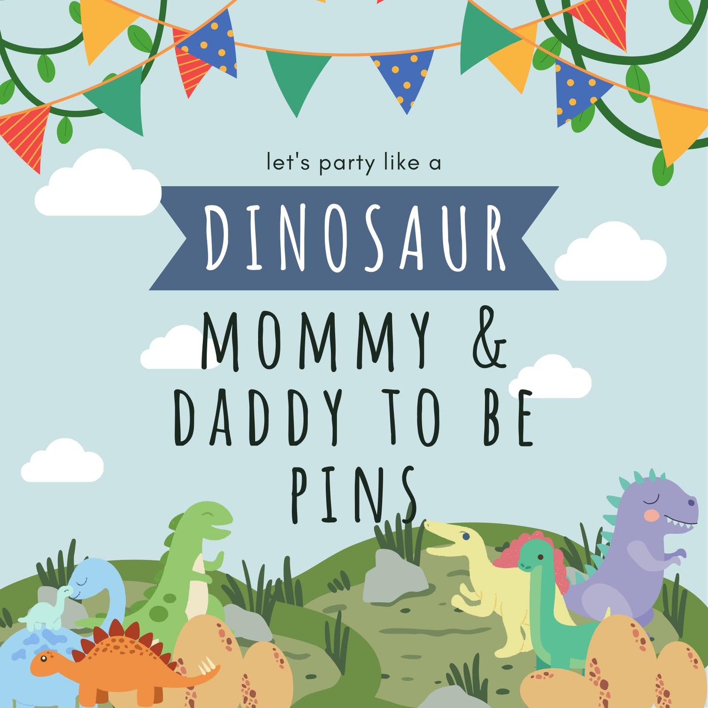Dinosaur Baby Shower Pins for Mommy Daddy Jungle Family to wear, It's a Boy Blue Green Sprinkle (MOM & DAD PINS)