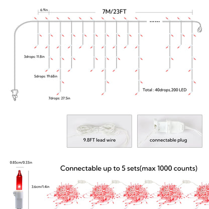 BEEWIN 23FT 200Count Red Icicle Lights,White Wire Icicle Mini Lights Plug in with 40 Drops,Hanging Curtain Fairy String Light Connectable for Christmas Valentine's Day Halloween Party Decorations