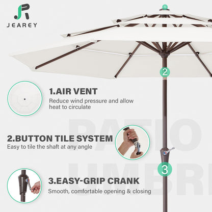 JEAREY 9FT 3 Tier Patio Umbrella Outdoor Market Umbrella Table Umbrellas with 8 Ribs 1.5 Pole Push Button Tilt and Crank UV Protection for Garden,Off-white