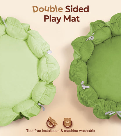 5-in-1 Thick & Plush Baby Play Gym, Baby Play Mats for Floor, Tummy Time Mat with 6 Toys, Convertible Stage-Based Developmental from Babies to Toddlers, Ball Pit, Green