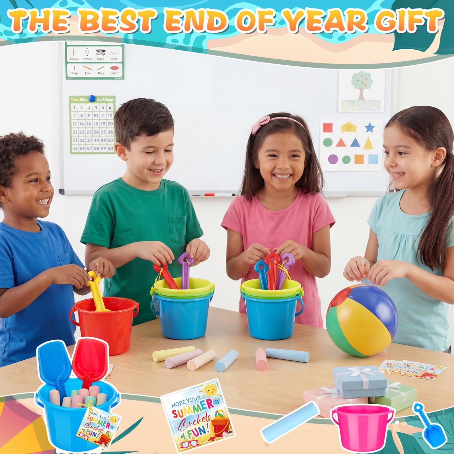 LaRandom 120 Pcs End of Year Gifts for Summer Pool Beach Party Favor Toys Include Inflatable Beach Ball Shovels Sidewalk Chalk Greeting Cards for Party Supplies Gifts Prizes Activity