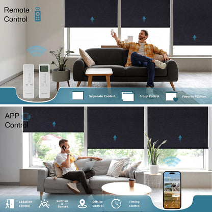 WEFFORT Motorized Roller Shade, 100% Blackout Smart Window Blinds Work with Homekit, Alexa, Google Home, Remote Control, Electric Blinds with USB/Solar Pannel,Dark Eclipse Black