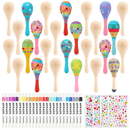 60 PCS Mini Wooden Maracas for Kids, Unfinished DIY Maracas with Multicolor Pens and Gem Stickers for Mexican Fiesta Cinco De Mayo Painting Shakers Baby Musical Toys Birthday Party Favor Supplies