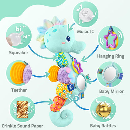 LIGHTDESIRE Baby Toys Musical Seahorse,Infant Stuffed Animal Toys with Crinkle and Rattles,Soft Sensory Toys with Textures for Tummy Time Newborn Boys Girls 0 3 6 12 Months(Blue)