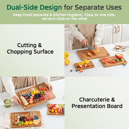 Vocvee Bamboo Cutting Boards for Kitchen(Set of 3), Wood Cutting Board with Wood Storage Stand, Charcuterie & Chopping Board for Vegetables and Meat, with Deep Juice Groove, Ideal Kitchen Gifts