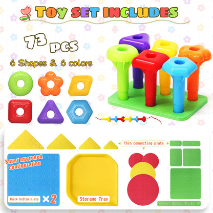 Peg Board Toy set 73Pcs DIY Building Stacking Toys for Kids 3-6 Years Old,STEM Educational Kids Toy for Brain Development,Montessori Sensory Toys,Upgrade Various Foam Board Plastic Lacing String Game