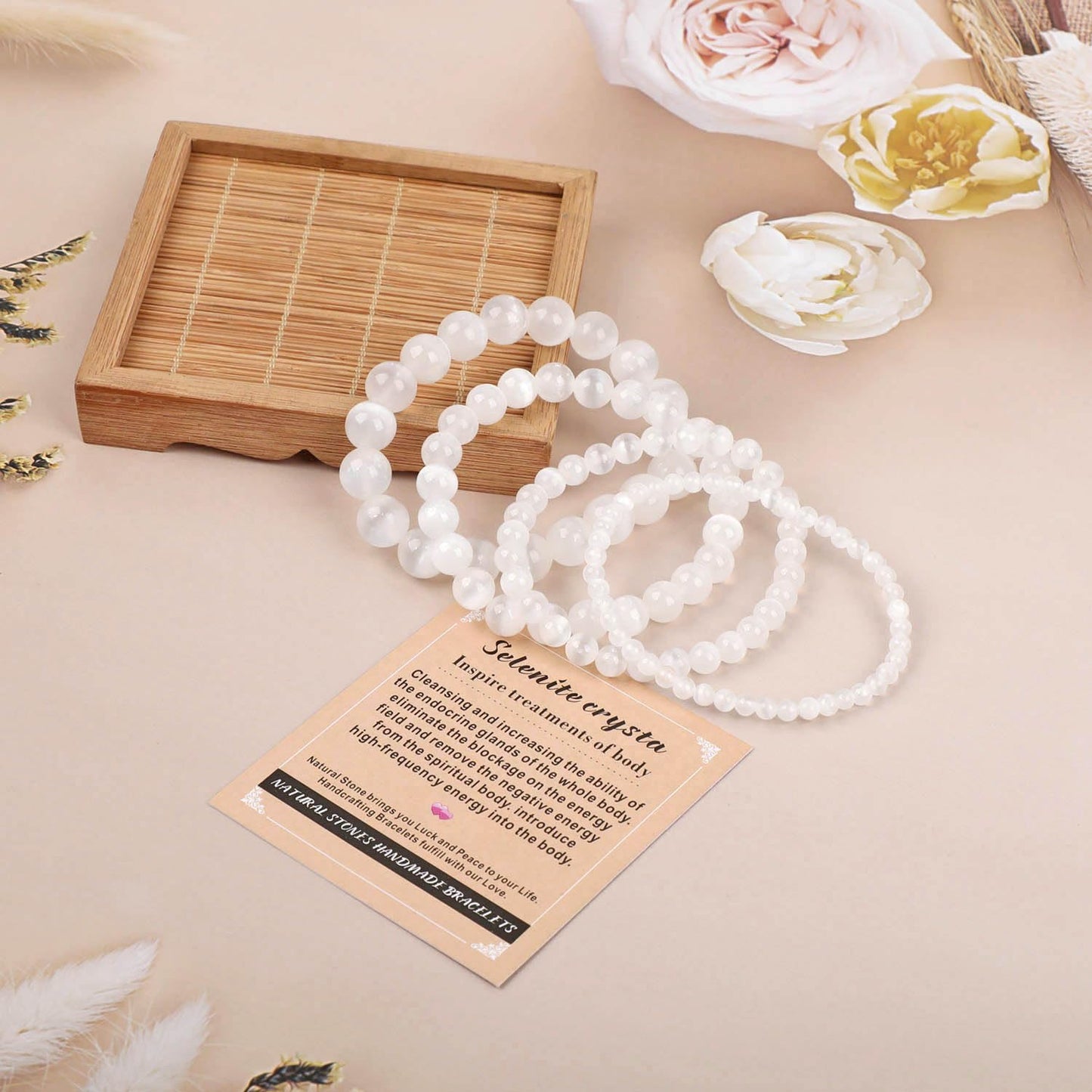 AD Beads Handmade Gemstone Stretch Elastic Bracelet Crystal Healing Reiki Nature's Beauty and Spiritual Essence Unisex (8mm, Selenite Crystal (Inspire Treatments))