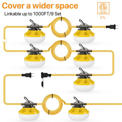 Pvilub 100FT Construction String Lights: 100W Led Construction String Lights with 10 Bulbs & Hooks, IP65 Attic Lighting 5000K Linkable Hanging Work Light for Crawlspace, Basement, Backyard