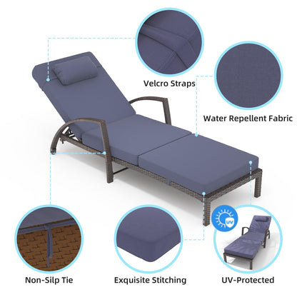 Set of 2 Chaise Lounge Chairs Outdoor, PE Rattan Wicker Poolside Recliners with 5-Position Adjustable Backrest, Blue Cushions, Armrests and Wheels, Patio and Garden Furniture for Beach and Backyard
