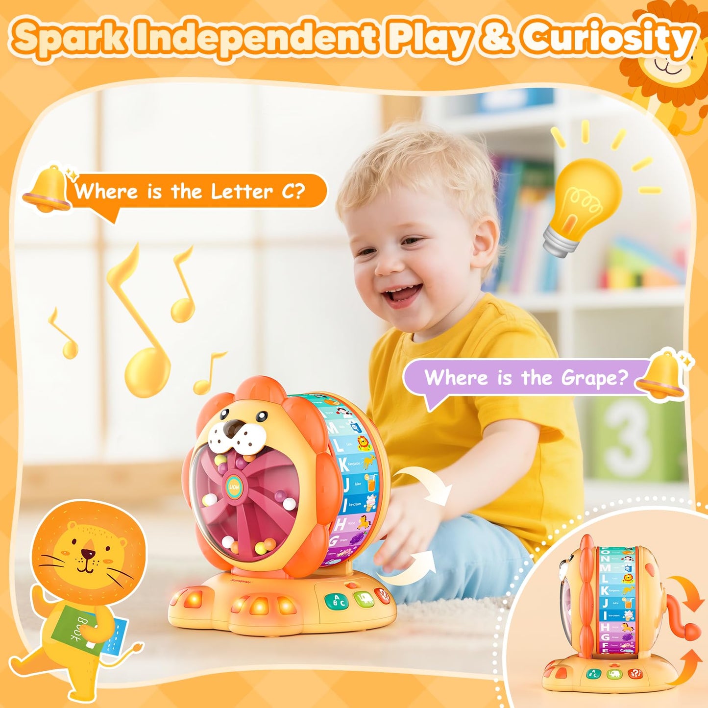 Alphabet Learning Toys for Toddlers 1-2 Year Old, Lion Spin and Sing ABC Letter Interactive Toys with Lights Sound, Musical Educational Toys for Boys Girls Kids, First Christmas Birthday Gift