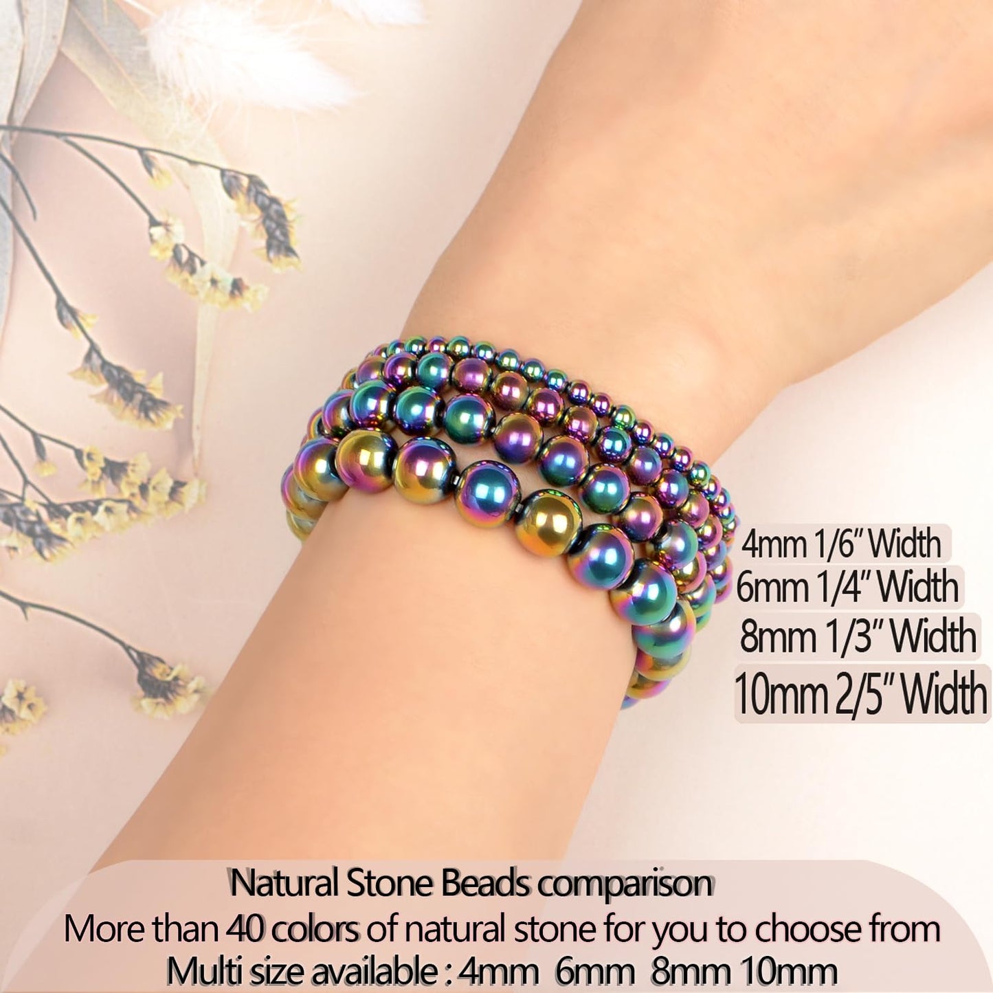 LPBeads Handmade Natural Gemstone Stretch Elastic 8mm Rainbow Coated Hematite Bracelet Healing Crystal Round Stone Beads Jewelry Gifts for Women Men