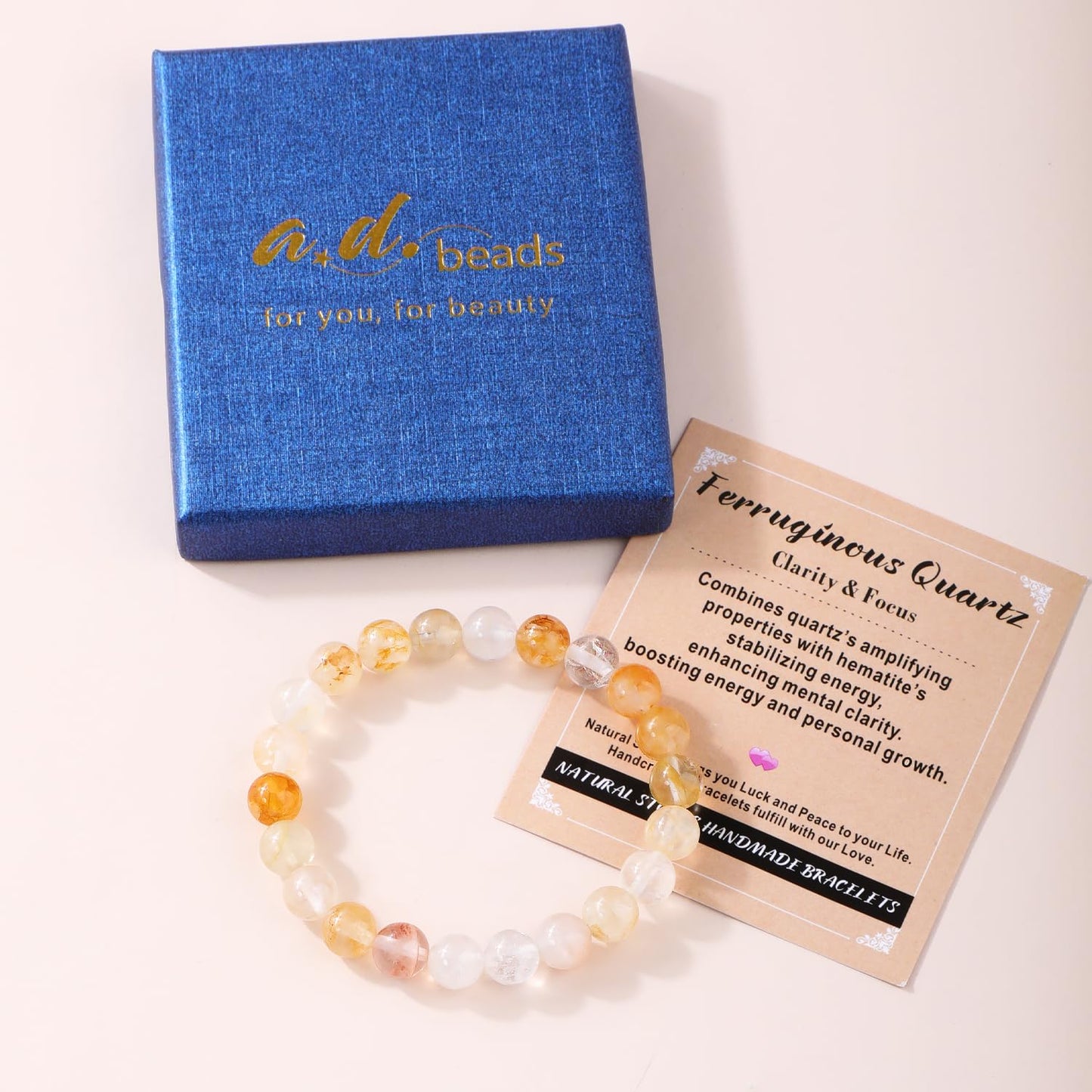 AD Beads 4mm Handmade Ferruginous Quartz Elastic Bracelet – Natural Gemstone for Clarity & Focus – Meditation, Yoga, Healing and Energy Gift for Men Women