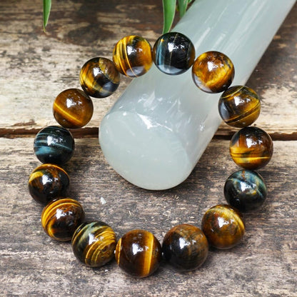 TaHLga 16MM Yellow Blue Tigers Eye Beaded Bracelet for Men | Natural Solar Plexus Chakra Gemstones | Bring Luck Wealth Courage | Protection from Evil | Gift