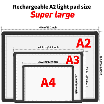 TOHETO Rechargeable Magnetic A2 Light Board 25.2''x18.4'', Large Diamond Painting Light Pad with Side Buttons, 3 Light Colors Light Box for Tracing and Drawing, Dimming LED Light Table for Sketching