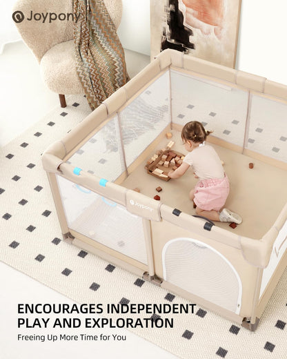 Joypony Baby Playpen, 50x50 in Small Play Pen for Babies and Toddlers, Playpen for Kids with Gate, Indoors Play Yard with Soft Breathable Mesh (Beige)